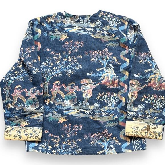 Vintage Doncaster Tapestry Jacket Blue Folk Art Pastoral Scene Blazer Size 10 - Picture 4 of 14
